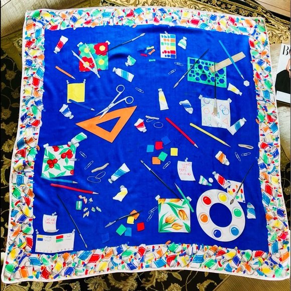 VTG 70’s Perry Ellis silk scarf painter theme print Royal blue & primary colors